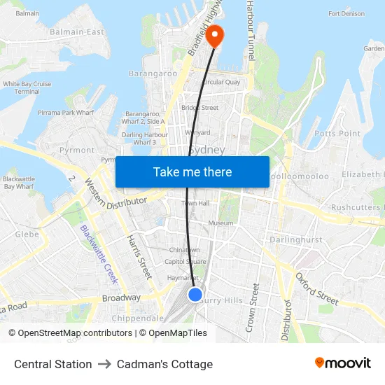 Central Station to Cadman's Cottage map