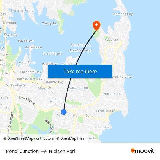 Bondi Junction to Nielsen Park map