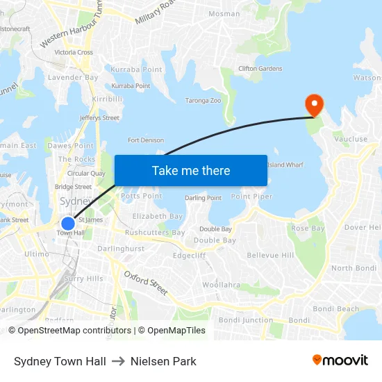 Sydney Town Hall to Nielsen Park map