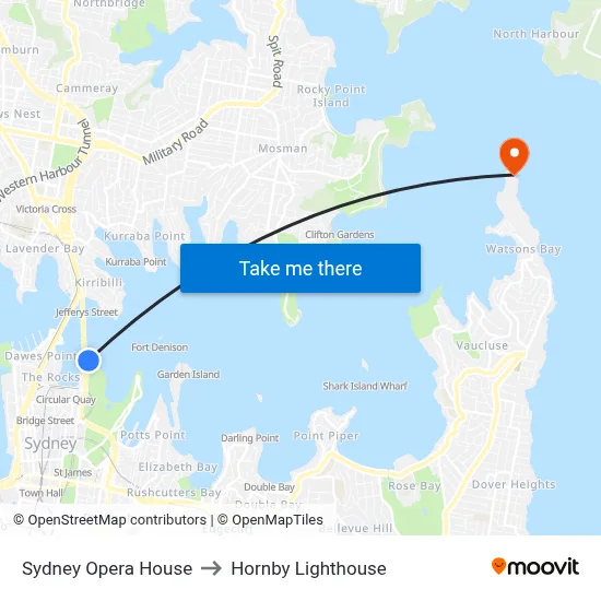 Sydney Opera House to Hornby Lighthouse map