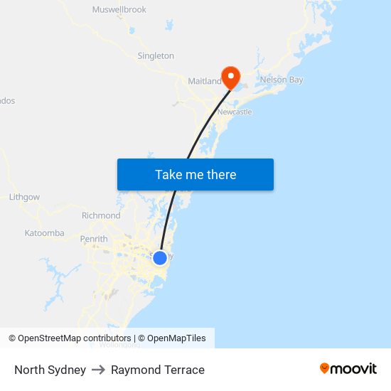 North Sydney to Raymond Terrace map