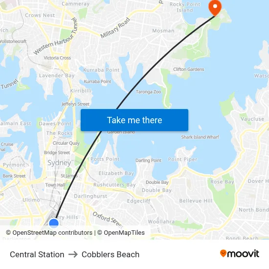Central Station to Cobblers Beach map