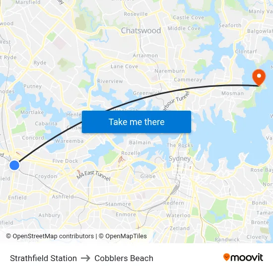 Strathfield Station to Cobblers Beach map