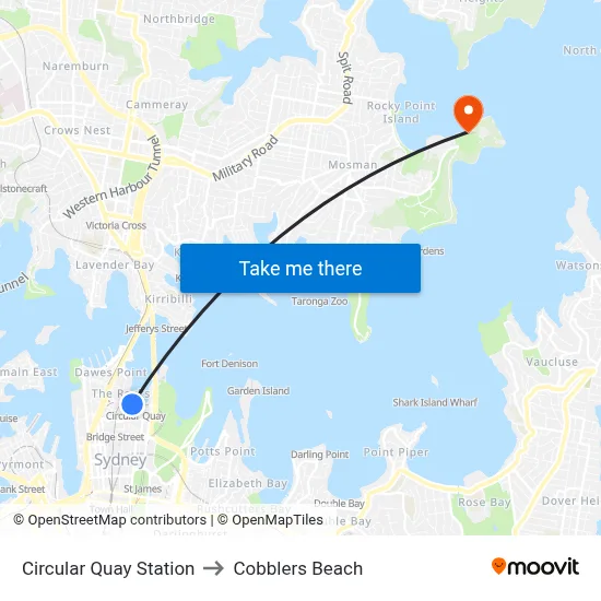 Circular Quay Station to Cobblers Beach map