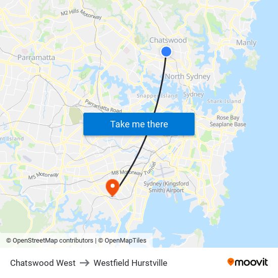 Chatswood West to Westfield Hurstville map
