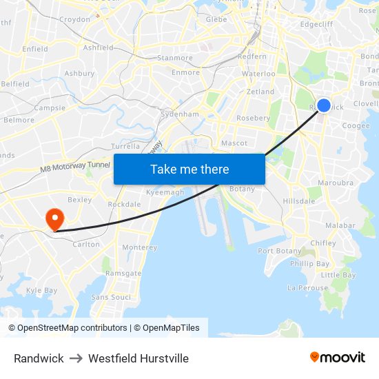 Randwick to Westfield Hurstville map