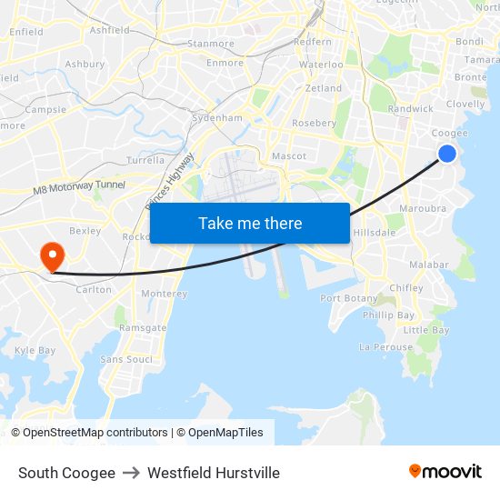South Coogee to Westfield Hurstville map