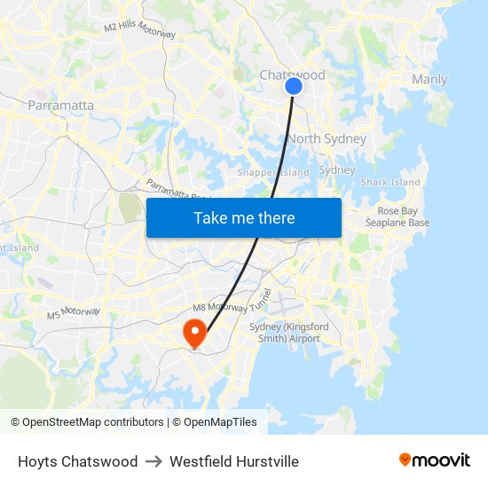 Hoyts Chatswood to Westfield Hurstville map