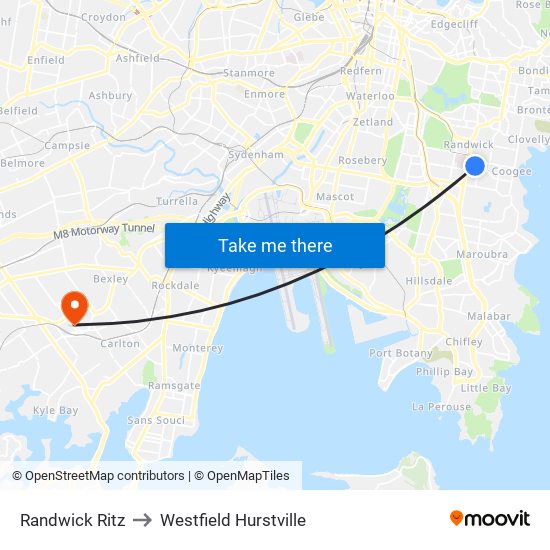 Randwick Ritz to Westfield Hurstville map