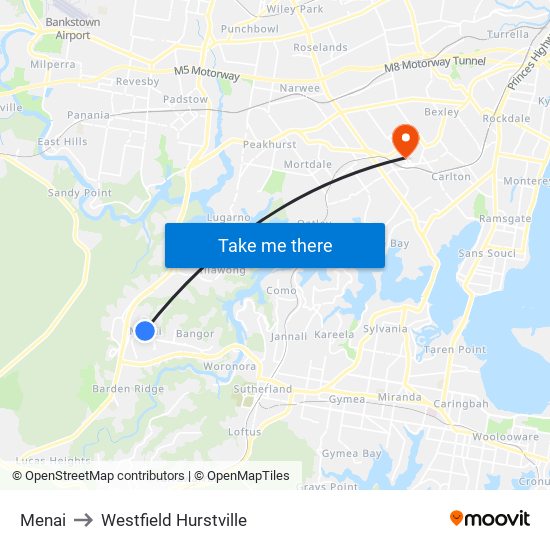 Menai to Westfield Hurstville map