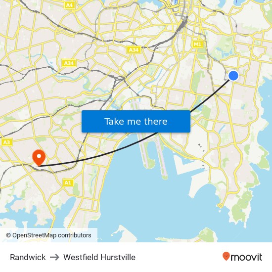 Randwick to Westfield Hurstville map