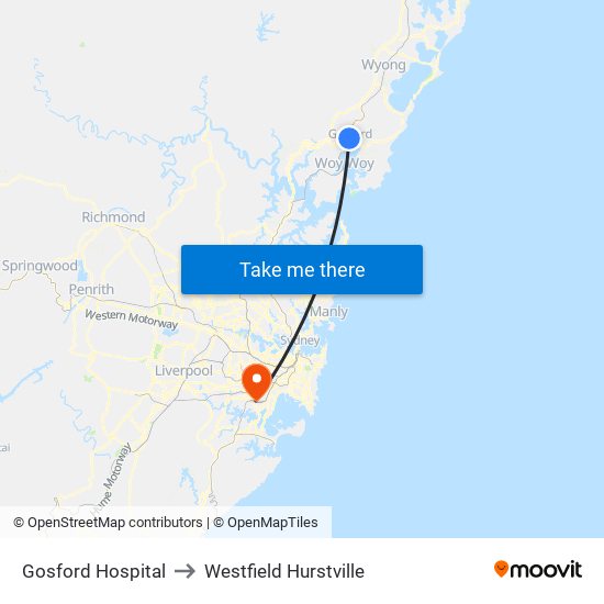 Gosford Hospital to Westfield Hurstville map