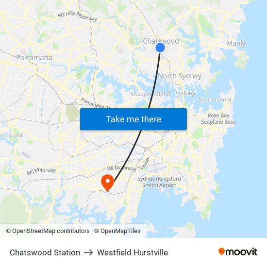 Chatswood Station to Westfield Hurstville map
