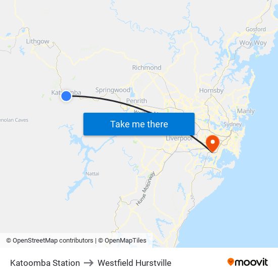 Katoomba Station to Westfield Hurstville map