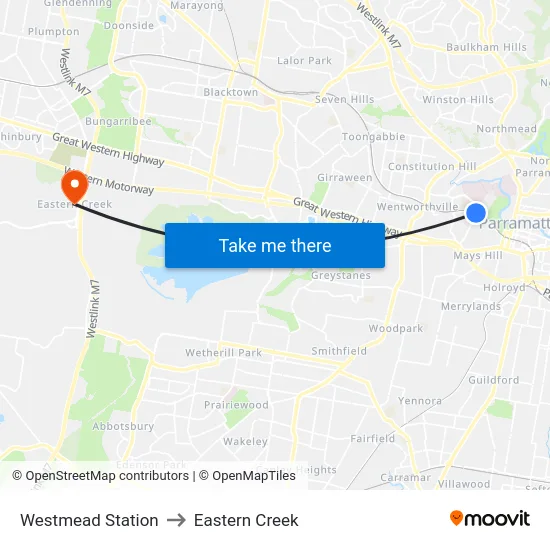 Westmead Station to Eastern Creek map
