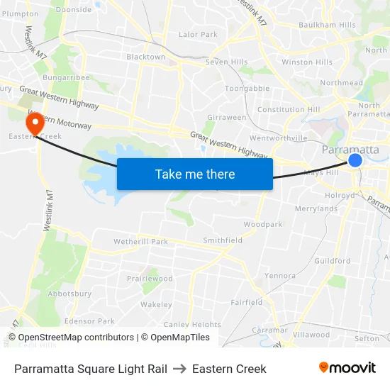 Parramatta Square Light Rail to Eastern Creek map