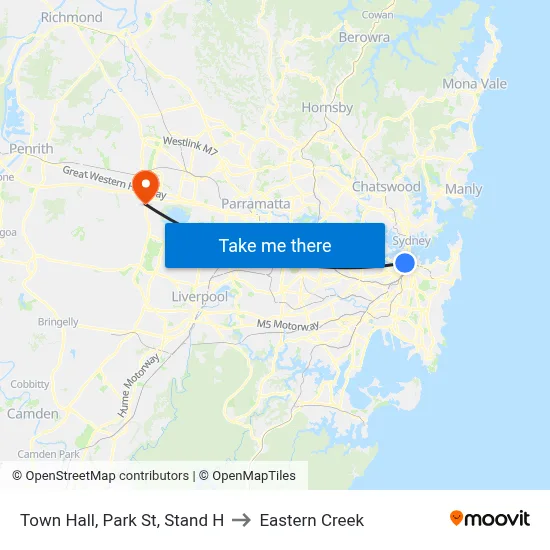 Town Hall, Park St, Stand H to Eastern Creek map