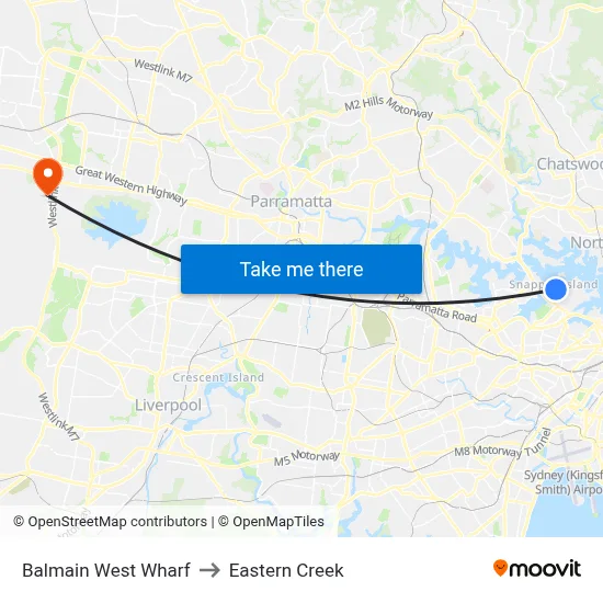 Balmain West Wharf to Eastern Creek map