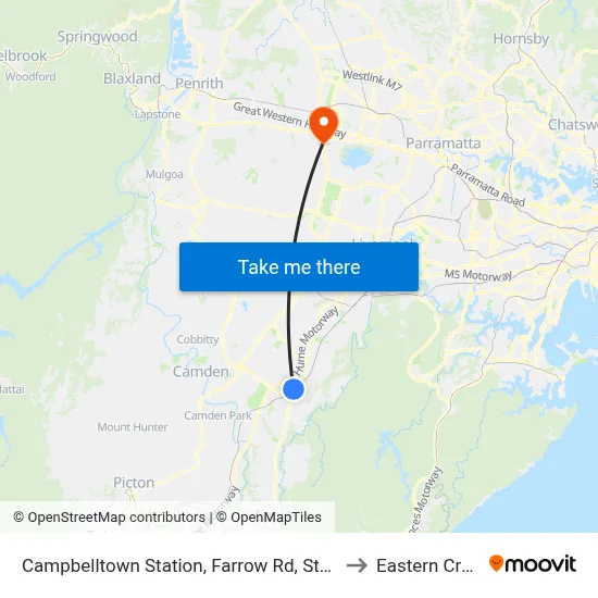 Campbelltown Station, Farrow Rd, Stand G to Eastern Creek map