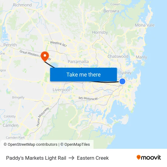 Paddy's Markets Light Rail to Eastern Creek map