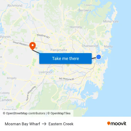Mosman Bay Wharf to Eastern Creek map