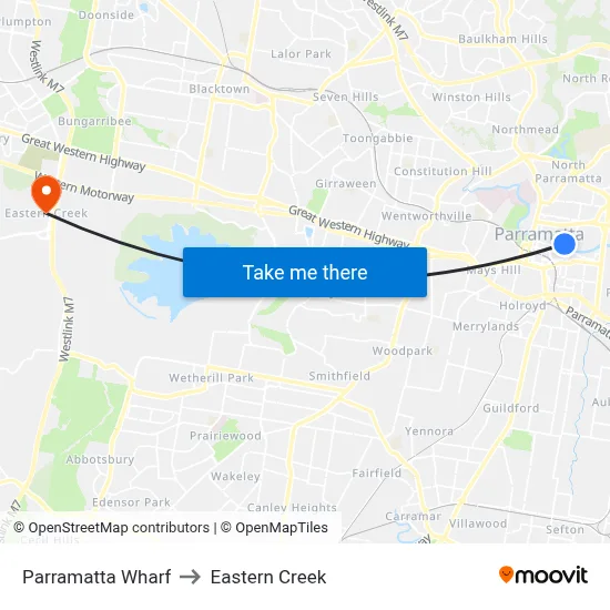 Parramatta Wharf to Eastern Creek map