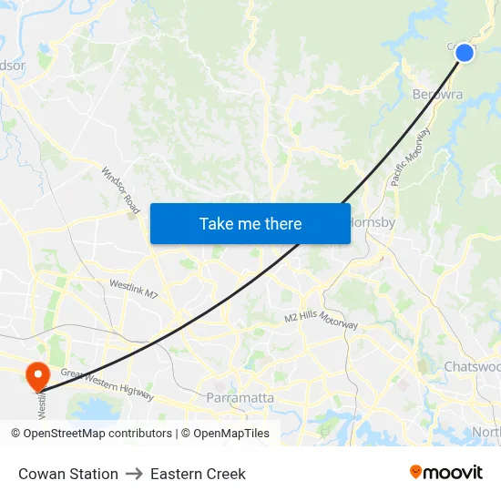 Cowan Station to Eastern Creek map