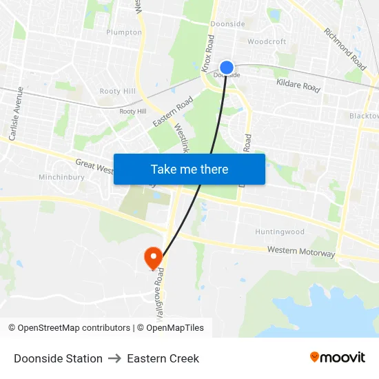 Doonside Station to Eastern Creek map