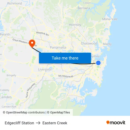 Edgecliff Station to Eastern Creek map