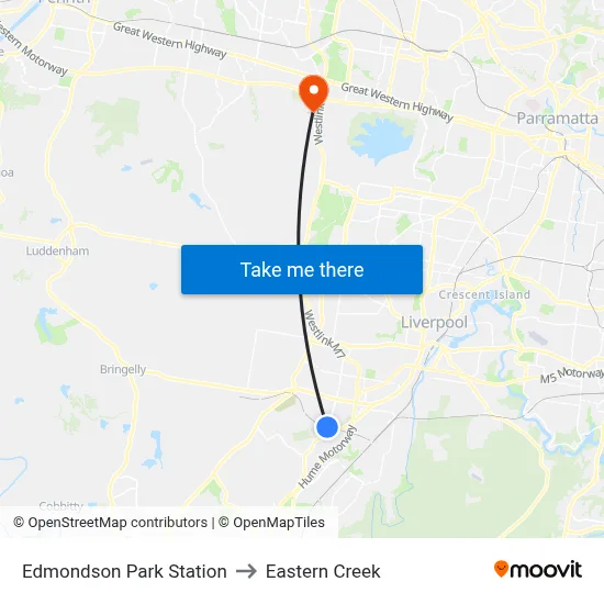 Edmondson Park Station to Eastern Creek map