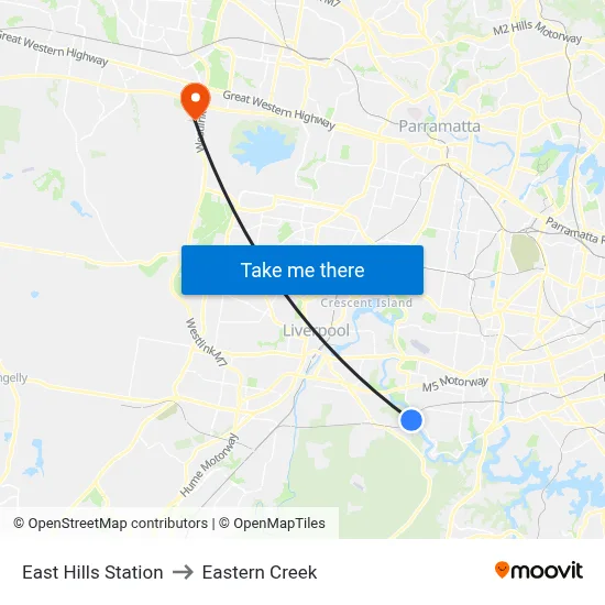 East Hills Station to Eastern Creek map