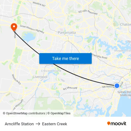 Arncliffe Station to Eastern Creek map