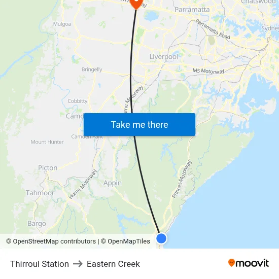 Thirroul Station to Eastern Creek map