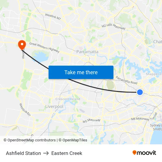 Ashfield Station to Eastern Creek map