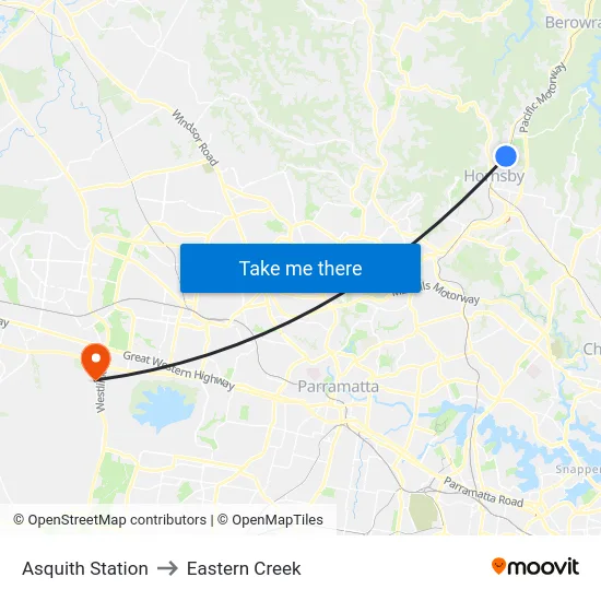 Asquith Station to Eastern Creek map