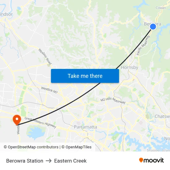 Berowra Station to Eastern Creek map