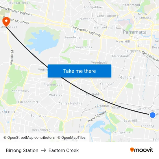 Birrong Station to Eastern Creek map