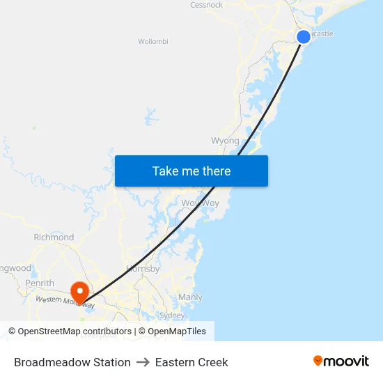 Broadmeadow Station to Eastern Creek map