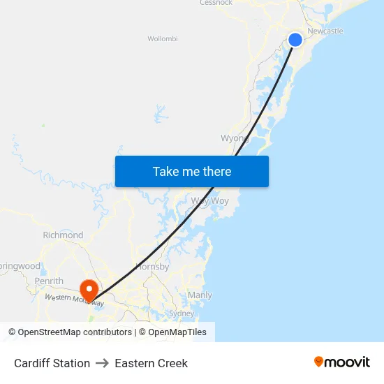 Cardiff Station to Eastern Creek map