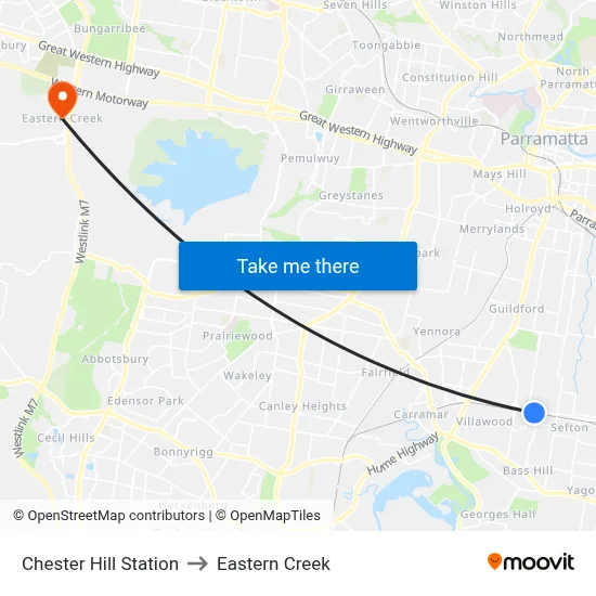 Chester Hill Station to Eastern Creek map