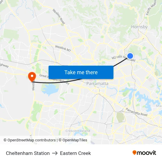 Cheltenham Station to Eastern Creek map