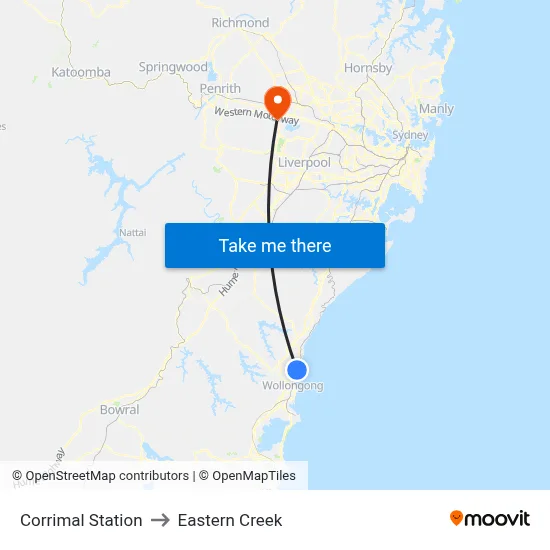 Corrimal Station to Eastern Creek map