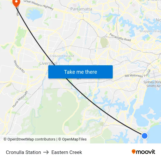 Cronulla Station to Eastern Creek map