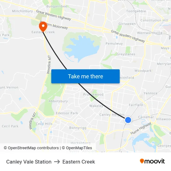 Canley Vale Station to Eastern Creek map