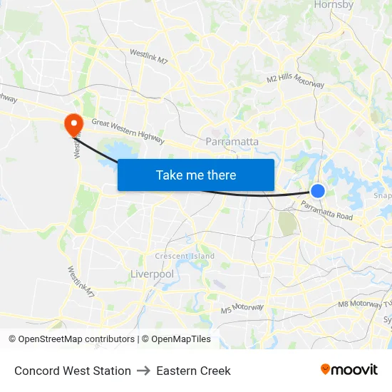 Concord West Station to Eastern Creek map