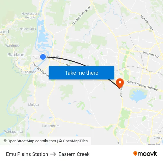 Emu Plains Station to Eastern Creek map