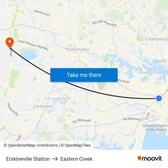 Erskineville Station to Eastern Creek map