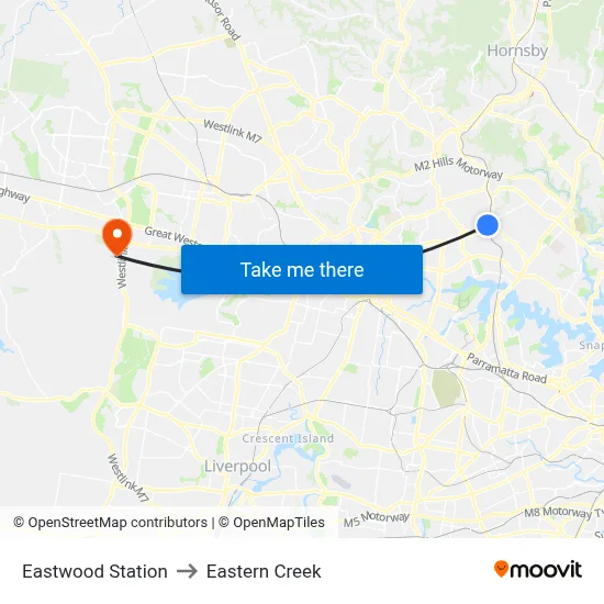 Eastwood Station to Eastern Creek map