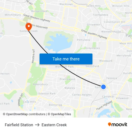Fairfield Station to Eastern Creek map