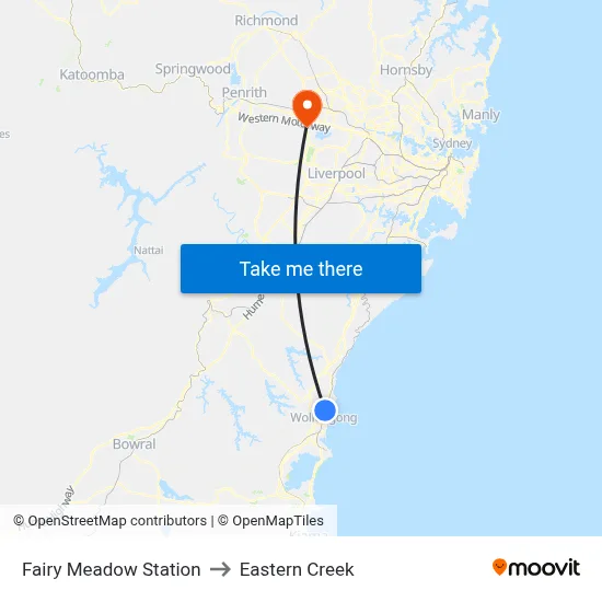 Fairy Meadow Station to Eastern Creek map